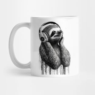 Sloth Painting Wearing Headphones in Black and White Mug